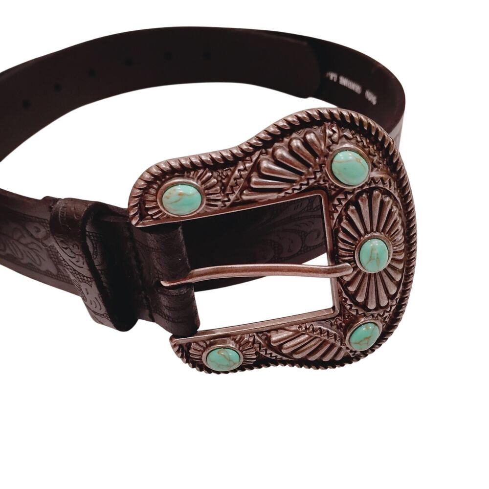 Women's Western Turquoise Gem Belt Buckle Brown 5050 Leather Embossed Floral
